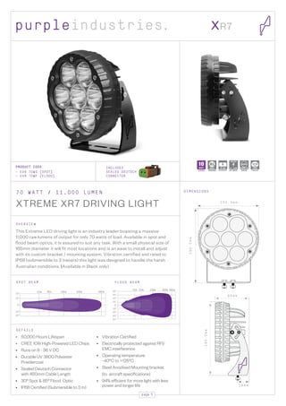 page 5
PRODUCT CODE
- EVR 70WS (SPOT)
- EVR 70WF (FLOOD)
This Extreme LED driving light is an industry leader boasting a massive
11,000 raw lumens of output for only 70 watts of load. Available in spot and
flood beam optics, it is assured to suit any task. With a small physical size of
165mm diameter it will fit most locations and is an ease to install and adjust
with its custom bracket / mounting system. Vibration certified and rated to
IP68 (submersible to 3 meters) this light was designed to handle the harsh
Australian conditions. (Available in Black only)
• 	 50,000 Hours Lifespan
• 	 CREE 10W High-Powered LED Chips
• 	 Runs on 9 - 36 V DC
• 	 Durable UV 3800 Polyester
Powdercoat
• 	 Sealed Deutsch Connector
with 450mm Cable Length
• 	 30º Spot  85º Flood Optic
• 	IP68 Certified (Submersible to 3 m)
• 	 Vibration Certified
• 	 Electrically protected against RFI/
EMC interference
• 	 Operating temperature
-40ºC to +125ºC
• 	 Steel Anodised Mounting bracket
	 (to aircraft specifications)
• 	 94% efficient for more light with less
	 power and longer life
O V E R V I E W
D E T A I L S
S P O T B E A M F L O O D B E A M
D I M E N S I O N S7 0 W A T T / 1 1 , 0 0 0 L U M E N
XTREME XR7 DRIVING LIGHT
INCLUDES
SEALED DEUTSCH
CONNECTOR
1 6 5 . 4 m m
190.0mm
592m305m108m50m10m
980m540m185m95m10m
25º
25º
15º
15º
0º
40º
40º
50º
50º
30º
30º
15º
15º
0º
XR7
10WATT
L.E.D.S
3WATT
L.E.D.S
5WATT
L.E.D.S VIBRATION
RATING
rms
16.5G
6063
HOUSING
AL
IP-68
WATERPROOF
9 – 32V
DC INPUT
Multi Volt
CISPR 25
EMI RFI
RATED
8 4 m m
2 8 m m
190.0mm
 