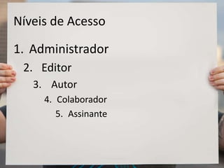 Níveis de Acesso
1. Administrador
2. Editor
3. Autor
4. Colaborador
5. Assinante
 