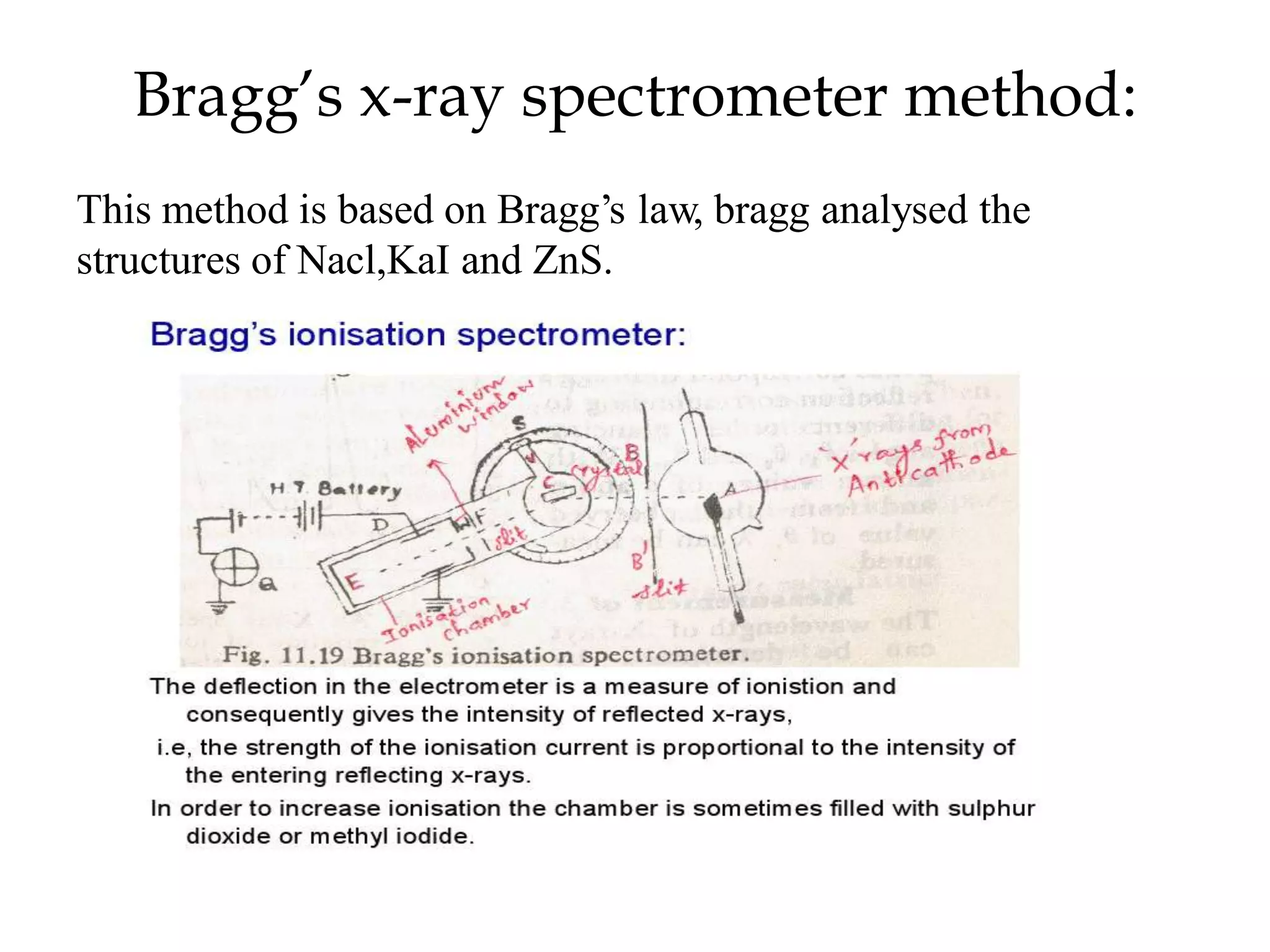 Bragg’s x-ray spectrometer method:
This method is based on Bragg’s law, bragg analysed the
structures of Nacl,KaI and ZnS.
 
