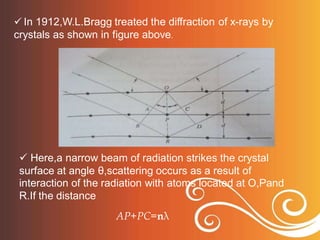  In 1912,W.L.Bragg treated the diffraction of x-rays by
crystals as shown in figure above.
 Here,a narrow beam of radiation strikes the crystal
surface at angle θ,scattering occurs as a result of
interaction of the radiation with atoms located at O,Pand
R.If the distance
AP+PC=nλ
 