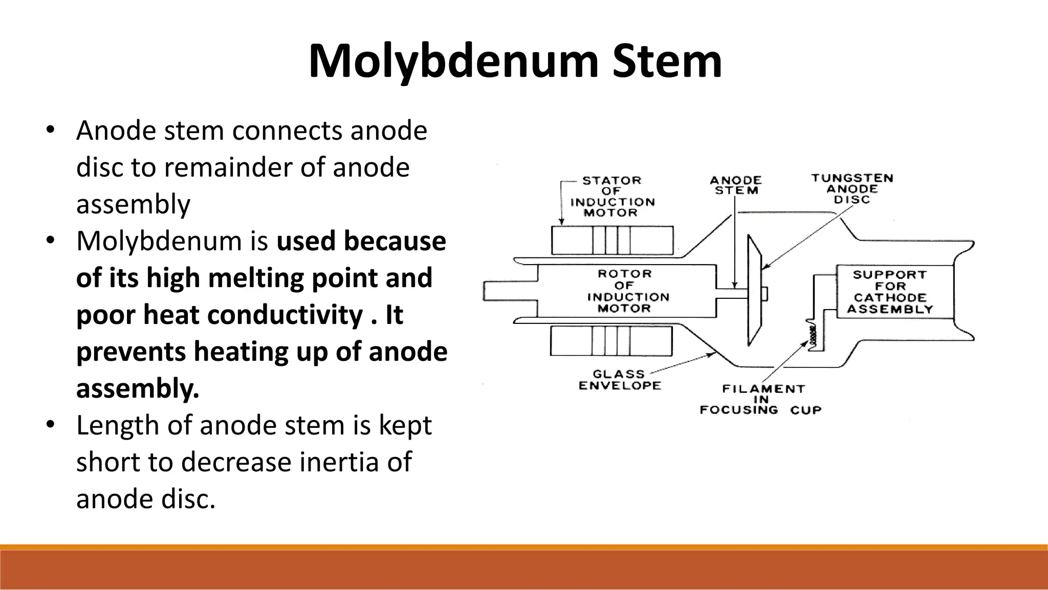 Molybdenum Stem
• Anode stem connects anode
disc to remainder of anode
assembly
• Molybdenum is used because
of its high melting point and
poor heat conductivity . It
prevents heating up of anode
assembly.
• Length of anode stem is kept
short to decrease inertia of
anode disc.
 