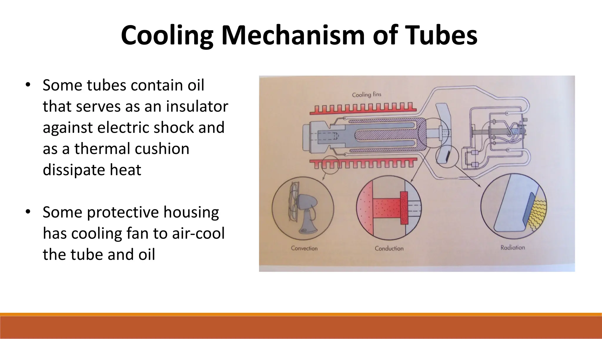 Cooling Mechanism of Tubes
• Some tubes contain oil
that serves as an insulator
against electric shock and
as a thermal cushion
dissipate heat
• Some protective housing
has cooling fan to air-cool
the tube and oil
 