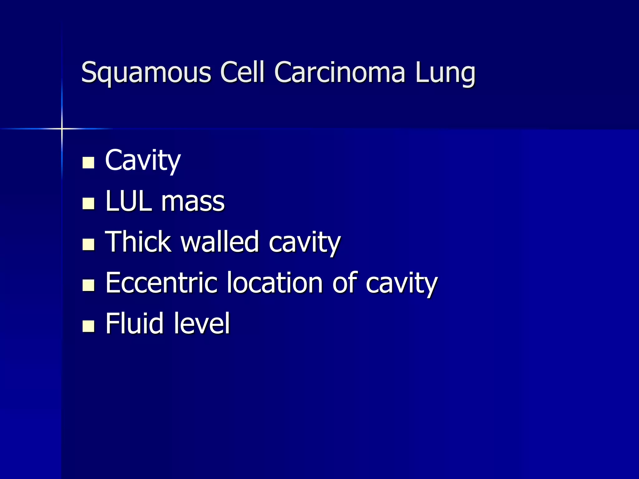 Squamous Cell Carcinoma Lung 
 Cavity 
 LUL mass 
 Thick walled cavity 
 Eccentric location of cavity 
 Fluid level 
 