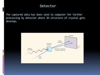 Detector
The captured data has been send to computer for further
processing by detector where 3D structure of crystal gets
develop.
 