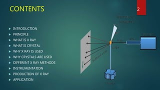 CONTENTS
 INTRODUCTION
 PRINCIPLE
 WHAT IS X RAY
 WHAT IS CRYSTAL
 WHY X RAY IS USED
 WHY CRYSTALS ARE USED
 DIFFERENT X RAY METHODS
 INSTRUMENTATION
 PRODUCTION OF X RAY
 APPLICATION
2
 