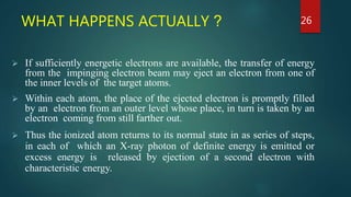 WHAT HAPPENS ACTUALLY ?
 If sufficiently energetic electrons are available, the transfer of energy
from the impinging electron beam may eject an electron from one of
the inner levels of the target atoms.
 Within each atom, the place of the ejected electron is promptly filled
by an electron from an outer level whose place, in turn is taken by an
electron coming from still farther out.
 Thus the ionized atom returns to its normal state in as series of steps,
in each of which an X-ray photon of definite energy is emitted or
excess energy is released by ejection of a second electron with
characteristic energy.
26
 