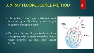 3. X RAY FLUOROSCENCE METHOD
 The primary X-ray ejects electron from
inner energy levels where the wavelength
is equal to absorption edge.
 But when the wavelength is shorter than
absorption edge it emits secondary X-ray
when electrons fall into inner vacant
levels.
15
 