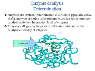 Enzyme catalysis
Determination
 Enzymes are protein. Determination of structure (specially active
site’s) and type of amino acids present in active sites determines
catalytic activities, Interaction level of enzymes.
 X ray crystallography helps us to determine and predict the
catalytic efficiency of enzymes.
 