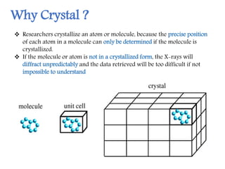 Why Crystal ?
 Researchers crystallize an atom or molecule, because the precise position
of each atom in a molecule can only be determined if the molecule is
crystallized.
 If the molecule or atom is not in a crystallized form, the X-rays will
diffract unpredictably and the data retrieved will be too difficult if not
impossible to understand
 