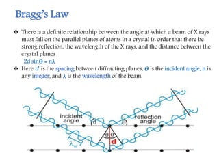Bragg’s Law
 There is a definite relationship between the angle at which a beam of X rays
must fall on the parallel planes of atoms in a crystal in order that there be
strong reflection, the wavelength of the X rays, and the distance between the
crystal planes
2d sinƟ = nλ
 Here d is the spacing between diffracting planes, Ɵ is the incident angle, n is
any integer, and λ is the wavelength of the beam.
 