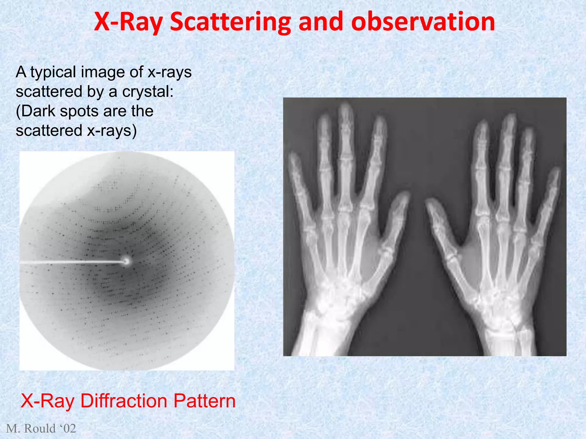 X-Ray Scattering and observation
A typical image of x-rays
scattered by a crystal:
(Dark spots are the
scattered x-rays)
X-Ray Diffraction Pattern
M. Rould ‘02
 