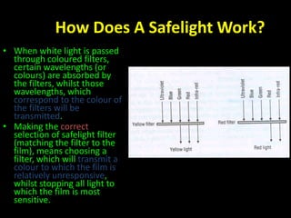 How Does A Safelight Work? 
• When white light is passed 
through coloured filters, 
certain wavelengths (or 
colours) are absorbed by 
the filters, whilst those 
wavelengths, which 
correspond to the colour of 
the filters will be 
transmitted. 
• Making the correct 
selection of safelight filter 
(matching the filter to the 
film), means choosing a 
filter, which will transmit a 
colour to which the film is 
relatively unresponsive, 
whilst stopping all light to 
which the film is most 
sensitive. 
 