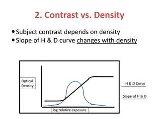 2. Contrast vs. Density 
 Subject contrast depends on density 
 Slope of H & D curve changes with density 
log relative exposure 
Optical 
Density 
H & D Curve 
Slope of H & D 
 