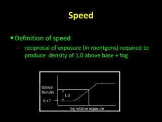 Speed 
Definition of speed 
– reciprocal of exposure (in roentgens) required to 
produce density of 1.0 above base + fog 
1.0 
log relative exposure 
Optical 
Density 
B + F 
 