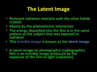 The Latent Image 
• Remnant radiation interacts with the silver halide 
crystals 
• Mainly by the photoelectric interaction 
• The energy deposited into the film is in the same 
pattern as the subject that was exposed to 
radiation 
• This invisible image is known as the latent image 
• A latent image on photographic (radiographic) 
film is an invisible image produced by the 
exposure of the film to light (radiation). 
 