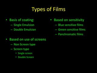 Types of Films 
• Basis of coating: 
– Single Emulsion 
– Double Emulsion 
• Based on use of screens 
– Non Screen type 
– Screen type 
• Single screen 
• Double Screen 
• Based on sensitivity 
– Blue sensitive films 
– Green sensitive films 
– Panchromatic films 
 