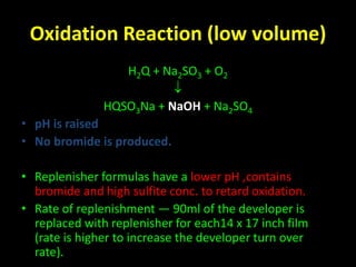 Oxidation Reaction (low volume) 
H2Q + Na2SO3 + O2 
 
HQSO3Na + NaOH + Na2SO4 
• pH is raised 
• No bromide is produced. 
• Replenisher formulas have a lower pH ,contains 
bromide and high sulfite conc. to retard oxidation. 
• Rate of replenishment — 90ml of the developer is 
replaced with replenisher for each14 x 17 inch film 
(rate is higher to increase the developer turn over 
rate). 
 