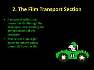 2. The Film Transport Section 
• A system of rollers that 
moves the film through the 
developer, fixer, washing and 
drying sections of the 
processor. 
• Also acts as a squeegee 
action to remove excess 
chemicals from the film. 
 