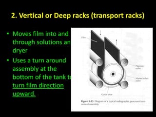 2. Vertical or Deep racks (transport racks) 
• Moves film into and 
through solutions and 
dryer 
• Uses a turn around 
assembly at the 
bottom of the tank to 
turn film direction 
upward. 
 