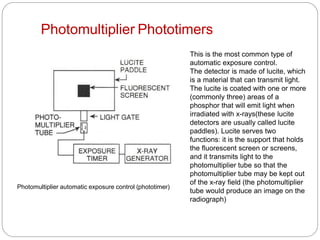 Photomultiplier Phototimers
Photomultiplier automatic exposure control (phototimer)
This is the most common type of
automatic exposure control.
The detector is made of lucite, which
is a material that can transmit light.
The lucite is coated with one or more
(commonly three) areas of a
phosphor that will emit light when
irradiated with x-rays(these lucite
detectors are usually called lucite
paddles). Lucite serves two
functions: it is the support that holds
the fluorescent screen or screens,
and it transmits light to the
photomultiplier tube so that the
photomultiplier tube may be kept out
of the x-ray field (the photomultiplier
tube would produce an image on the
radiograph)
 
