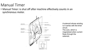 Manual Timer
• Manual Timer: is shut off after machine effectively counts in an
synchronous motor.
A solenoid whose winding
is in series with the timer
circuit.
The core, which is
magnetized when current
flows through the
solenoid.
 