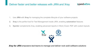 1. Use JIRA with Xray for managing the complete lifecycle of your software projects
2. Xray is the perfect tool for Test M...