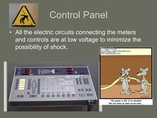 Control Panel
• All the electric circuits connecting the meters
and controls are at low voltage to minimize the
possibility of shock.
 