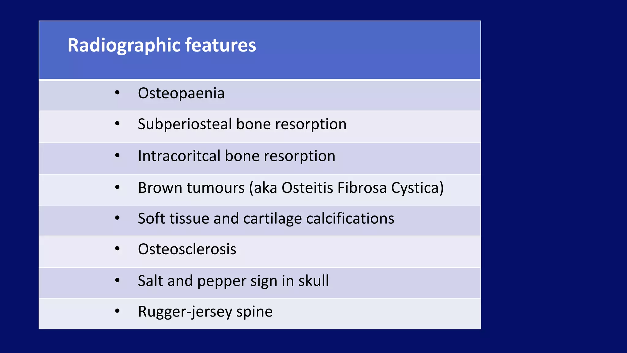 Radiographic features
• Osteopaenia
• Subperiosteal bone resorption
• Intracoritcal bone resorption
• Brown tumours (aka Osteitis Fibrosa Cystica)
• Soft tissue and cartilage calcifications
• Osteosclerosis
• Salt and pepper sign in skull
• Rugger-jersey spine
 