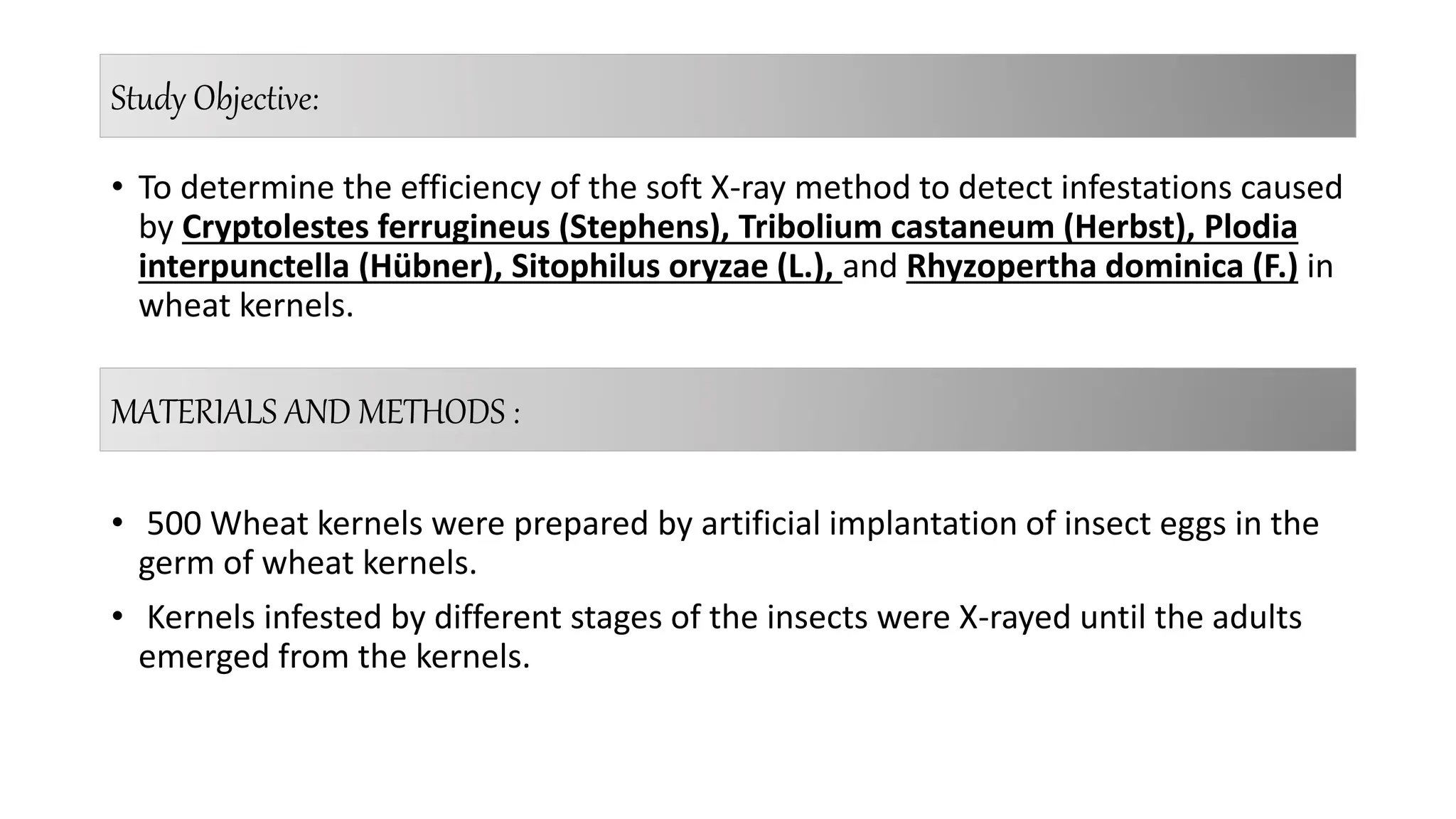 Study Objective:
• To determine the efficiency of the soft X-ray method to detect infestations caused
by Cryptolestes ferrugineus (Stephens), Tribolium castaneum (Herbst), Plodia
interpunctella (Hübner), Sitophilus oryzae (L.), and Rhyzopertha dominica (F.) in
wheat kernels.
• 500 Wheat kernels were prepared by artificial implantation of insect eggs in the
germ of wheat kernels.
• Kernels infested by different stages of the insects were X-rayed until the adults
emerged from the kernels.
MATERIALS AND METHODS :
 
