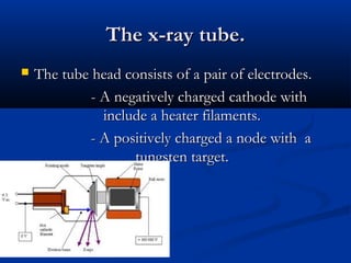 The x-ray tube.


The tube head consists of a pair of electrodes.
- A negatively charged cathode with
include a heater filaments.
- A positively charged a node with a
tungsten target.

 