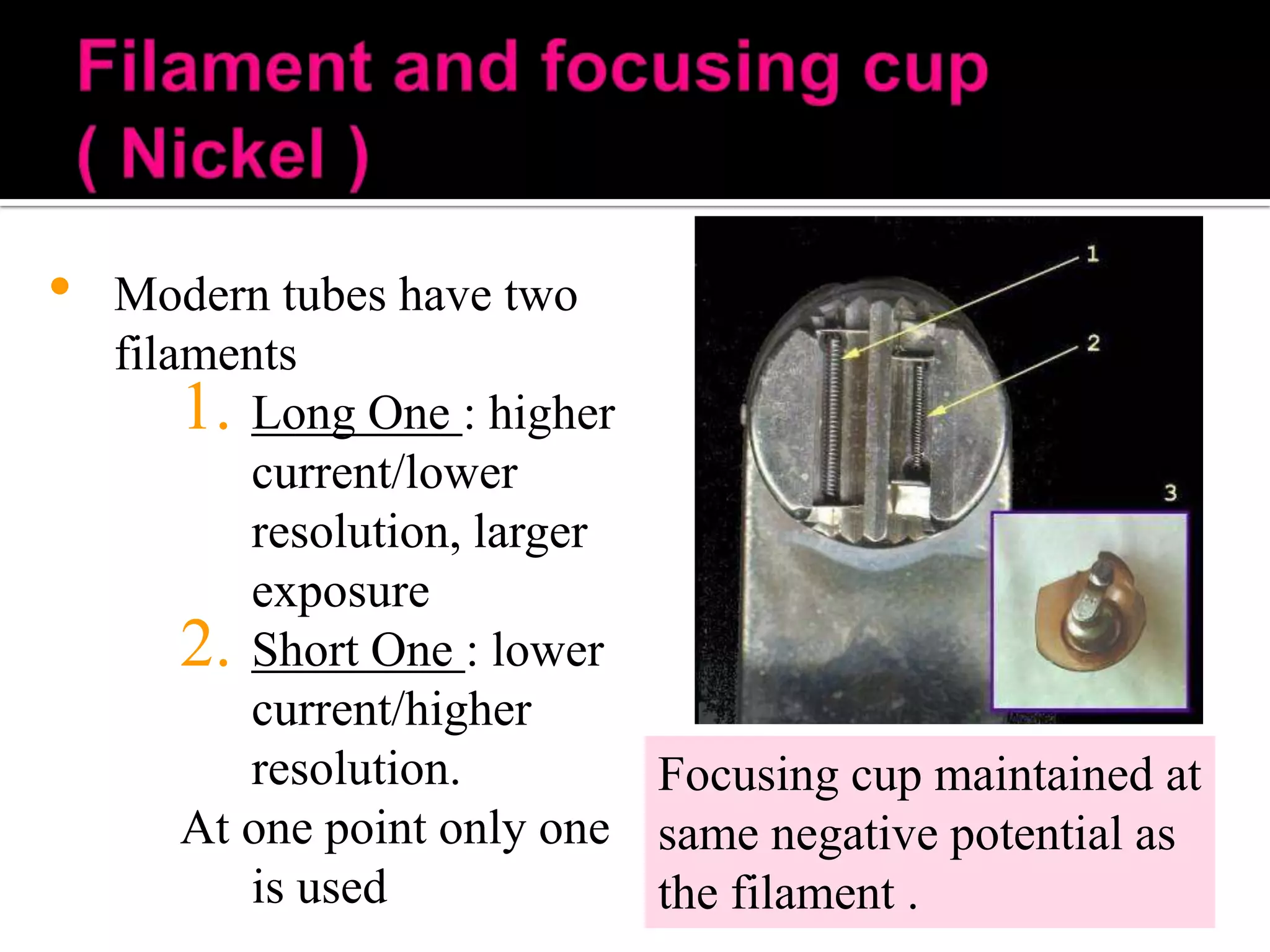 •

Modern tubes have two
filaments
1. Long One : higher
current/lower
resolution, larger
exposure
2. Short One : lower
current/higher
resolution.
Focusing cup maintained at
At one point only one same negative potential as
is used
the filament .

 