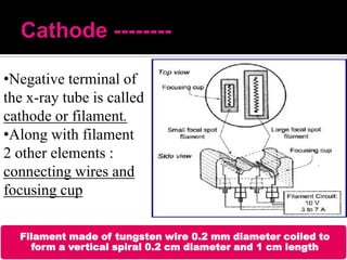 •Negative terminal of
the x-ray tube is called
cathode or filament.
•Along with filament
2 other elements :
connecting wires and
focusing cup
Filament made of tungsten wire 0.2 mm diameter coiled to
form a vertical spiral 0.2 cm diameter and 1 cm length

 