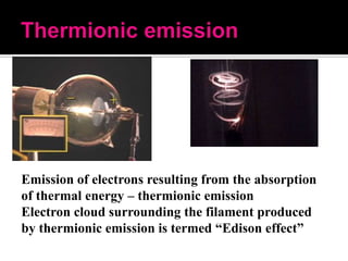 Emission of electrons resulting from the absorption
of thermal energy – thermionic emission
Electron cloud surrounding the filament produced
by thermionic emission is termed “Edison effect”

 