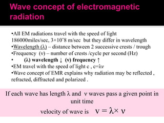 •All EM radiations travel with the speed of light
186000miles/sec, 3×10ˆ8 m/sec but they differ in wavelength
•Wavelength (λ) – distance between 2 successive crests / trough
•Frequency (ν) – number of crests /cycle per second (Hz)
•
(λ) wavelength ↓ (ν) frequency ↑
•EM travel with the speed of light c , c=λν
•Wave concept of EMR explains why radiation may be reflected ,
refracted, diffracted and polarized .

If each wave has length λ and ν waves pass a given point in
unit time
velocity of wave is

v = λ× ν

 