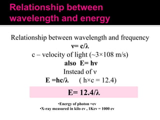 Relationship between wavelength and frequency
ν= c/λ
c – velocity of light (~3×108 m/s)
also E= hν
Instead of ν
E =hc/λ ( h×c = 12.4)

E= 12.4/λ
•Energy of photon =ev
•X-ray measured in kilo ev , 1Kev = 1000 ev

 
