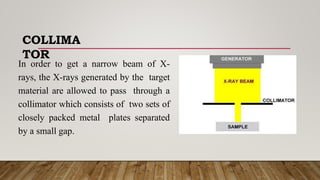 COLLIMA
TOR
In order to get a narrow beam of X-
rays, the X-rays generated by the target
material are allowed to pass through a
collimator which consists of two sets of
closely packed metal plates separated
by a small gap.
 