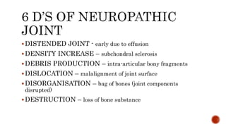 DISTENDED JOINT - early due to effusion
DENSITY INCREASE – subchondral sclerosis
DEBRIS PRODUCTION – intra-articular bony fragments
DISLOCATION – malalignment of joint surface
DISORGANISATION – bag of bones (joint components
disrupted)
DESTRUCTION – loss of bone substance
 