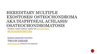Hereditary multiple exostoses together with enchondromatosis -
METACHONDROMATOSIS.
Dysplasia epiphysealis hemimelica
TREVOR DISEASE
Osteochondromas arising from the epiphyses
 