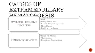 •CML
•Polycythemia Vera
•Essential thrombocythemia
•Myelofibrosis
•Hodgkin Lymphoma
MYELOPROLIFERATIVE
DISORDERS
•Sickle cell Anemia
•Thalessemia
•Hereditary Spherocytosis
HEMOGLOBINOPATHIES
 