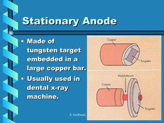 Stationary Anode  <ul><li>Made of tungsten target embedded in a large copper bar. </li></ul><ul><li>Usually used in dental...
