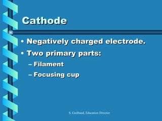 Cathode  <ul><li>Negatively charged electrode. </li></ul><ul><li>Two primary parts: </li></ul><ul><ul><li>Filament  </li><...
