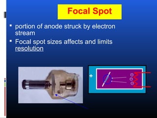 Focal Spot
 portion of anode struck by electron
stream
 Focal spot sizes affects and limits
resolution
+
 