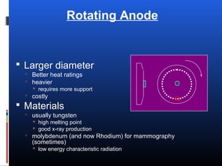 Rotating Anode
 Larger diameter
 Better heat ratings
 heavier
 requires more support
 costly
 Materials
 usually tungsten
 high melting point
 good x-ray production
 molybdenum (and now Rhodium) for mammography
(sometimes)
 low energy characteristic radiation
 