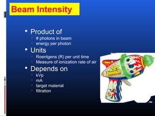 Beam Intensity
 Product of
 # photons in beam
 energy per photon
 Units
 Roentgens (R) per unit time
 Measure of ionization rate of air
 Depends on
 kVp
 mA
 target material
 filtration
 