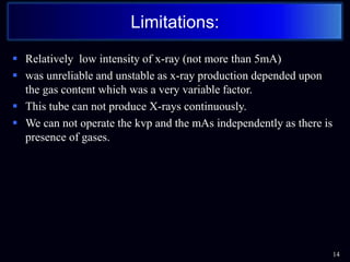  Relatively low intensity of x-ray (not more than 5mA)
 was unreliable and unstable as x-ray production depended upon
the gas content which was a very variable factor.
 This tube can not produce X-rays continuously.
 We can not operate the kvp and the mAs independently as there is
presence of gases.
14
Limitations:
 