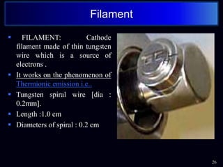  FILAMENT: Cathode
filament made of thin tungsten
wire which is a source of
electrons .
 It works on the phenomenon of
Thermionic emission i.e..
 Tungsten spiral wire [dia :
0.2mm].
 Length :1.0 cm
 Diameters of spiral : 0.2 cm
26
Filament
 