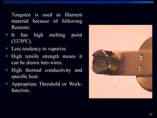 Tungsten is used as filament
material because of following
Reasons:
 It has high melting point
(33700C).
 Less tendency to vaporize
 High tensile strength means it
can be drawn into wires.
 High thermal conductivity and
specific heat.
 Appropriate Threshold or Work-
function.
.
27
 