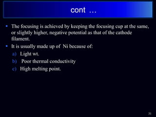  The focusing is achieved by keeping the focusing cup at the same,
or slightly higher, negative potential as that of the cathode
filament.
 It is usually made up of Ni because of:
a) Light wt.
b) Poor thermal conductivity
c) High melting point.
cont
31
…
 