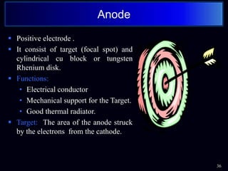  Positive electrode .
 It consist of target (focal spot) and
cylindrical cu block or tungsten
Rhenium disk.
 Functions:
• Electrical conductor
• Mechanical support for the Target.
• Good thermal radiator.
 Target: The area of the anode struck
by the electrons from the cathode.
36
Anode
 