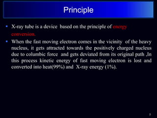  X-ray tube is a device based on the principle of energy
conversion.
 When the fast moving electron comes in the vicinity of the heavy
nucleus, it gets attracted towards the positively charged nucleus
due to columbic force and gets deviated from its original path ,In
this process kinetic energy of fast moving electron is lost and
converted into heat(99%) and X-ray energy (1%).
5
Principle
 